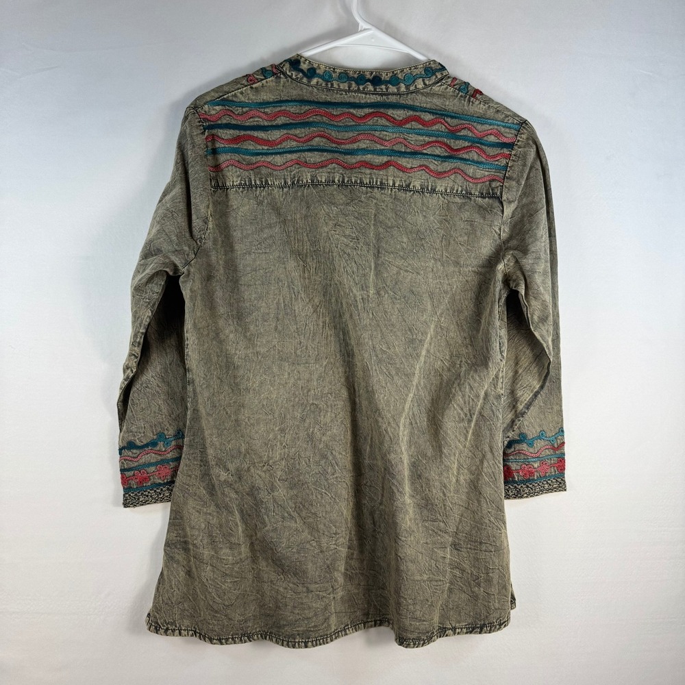 Parsley & Sage Womens Small Olive Green Acid Wash Embroidered Boho Tunic Top - Picture 4 of 8